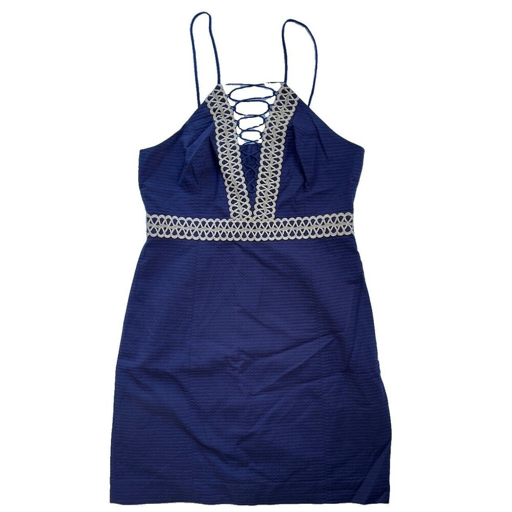 Lilly Pulitzer Trista Shift Dress Navy Blue Lace Trim Halter Women’s 10